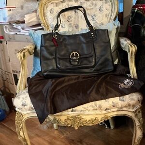 Coach Black Leather Shoulder Bag with Buckle Accent